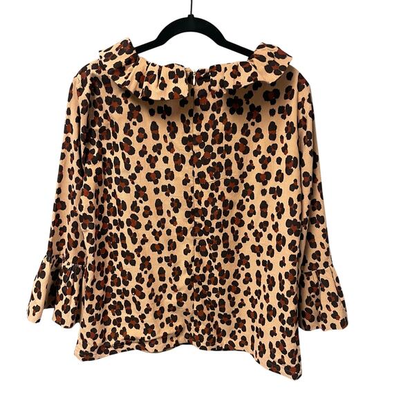 Elizabeth Wilson Ruff Neck Flare Sleeve Corduroy Leopard Print Top Womens Large - Picture 6 of 6
